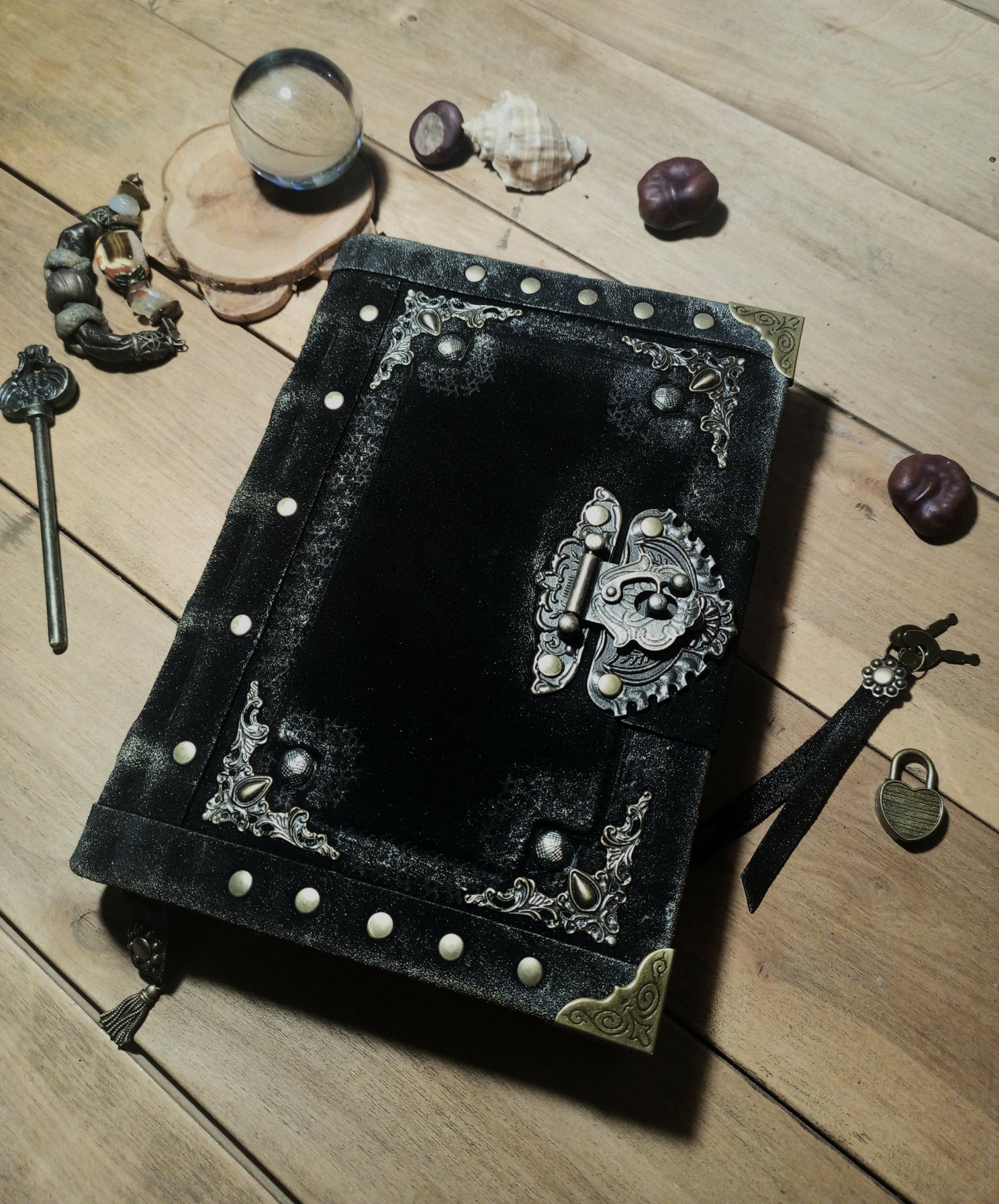 Black suede medieval leather journal with hand-stitched binding