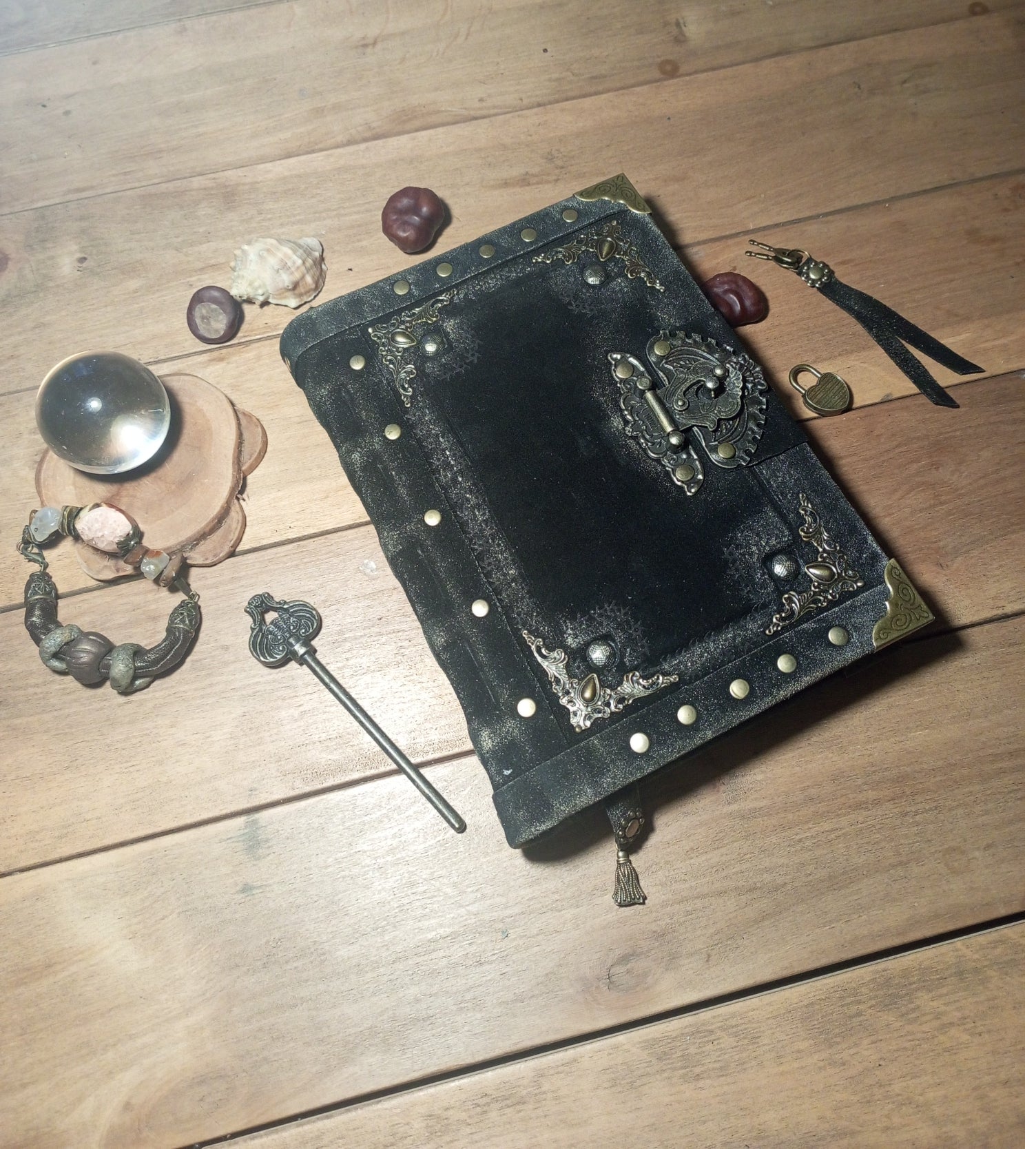 Handmade black suede leather journal with aged antique pages