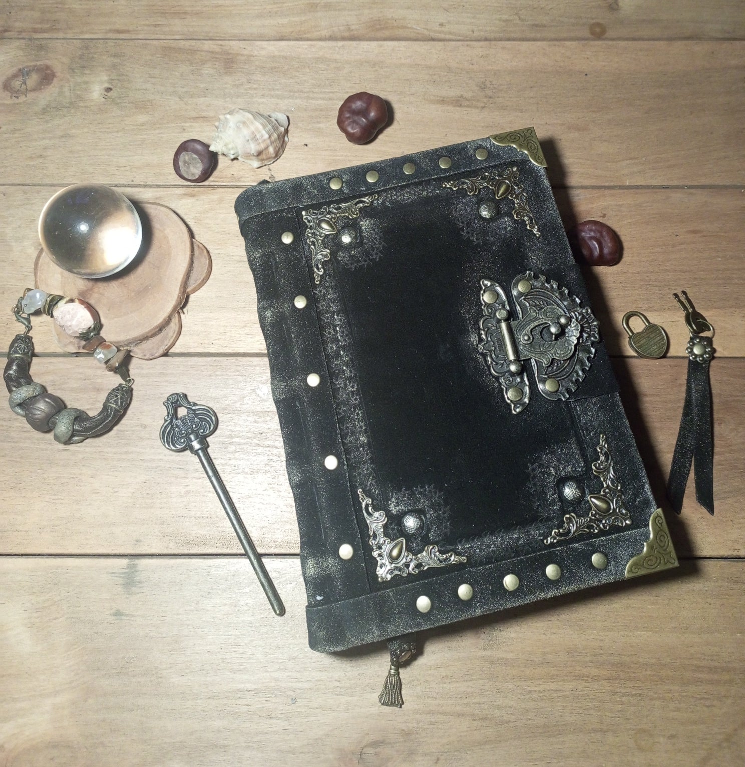 Medieval black suede journal book of shadows with metal decorations