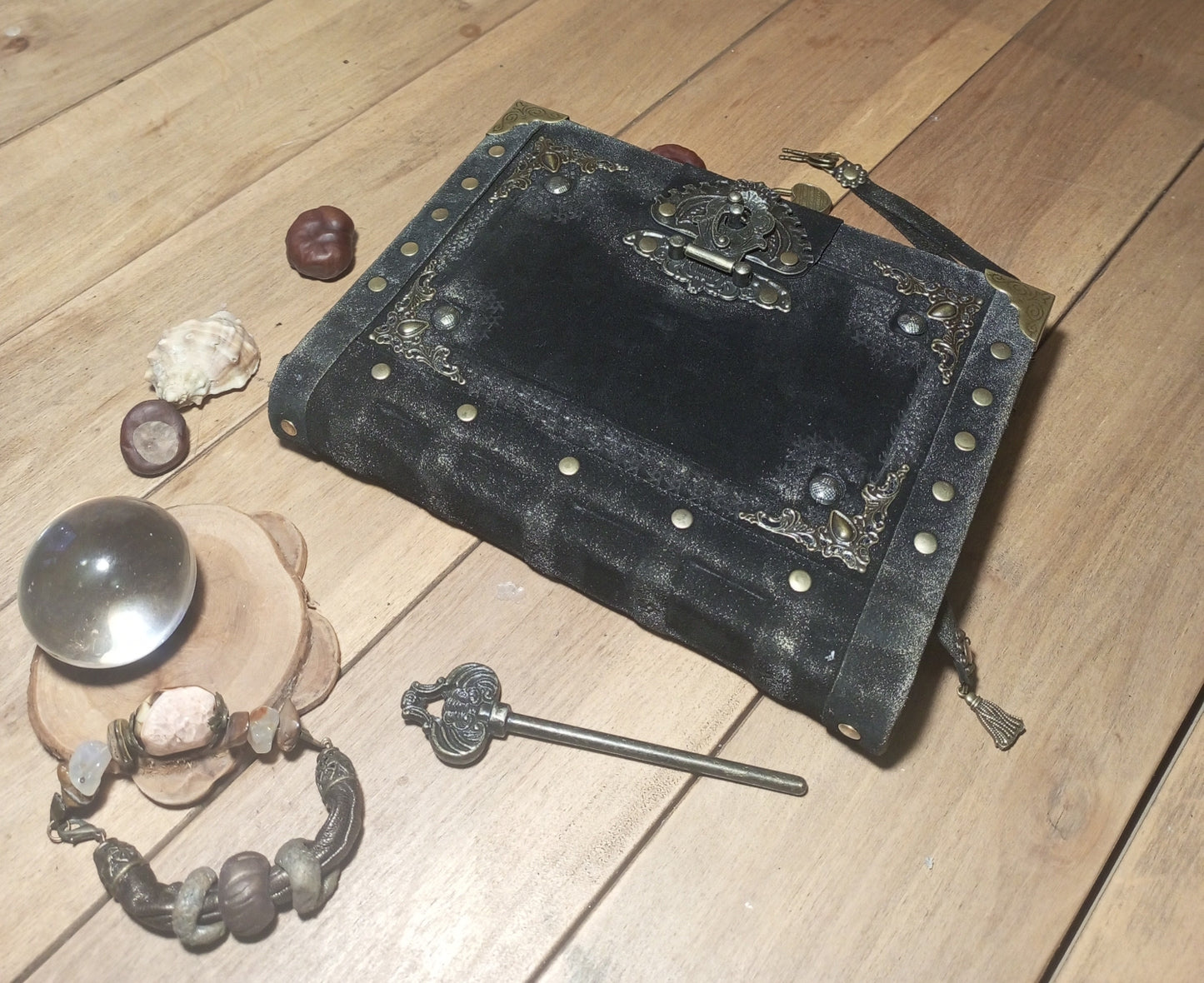 Vintage leather grimoire mysterious book handmade from black suede