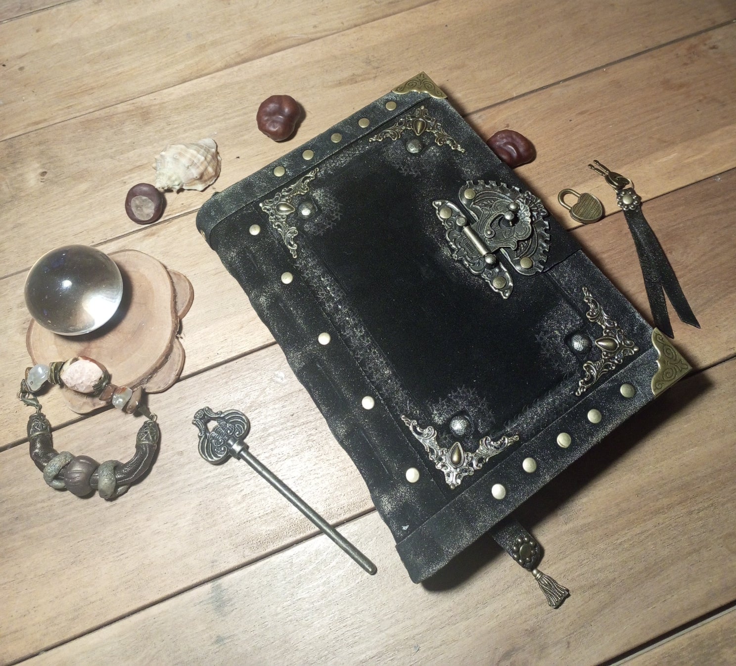 Aged antique journal pages inside black suede leather notebook