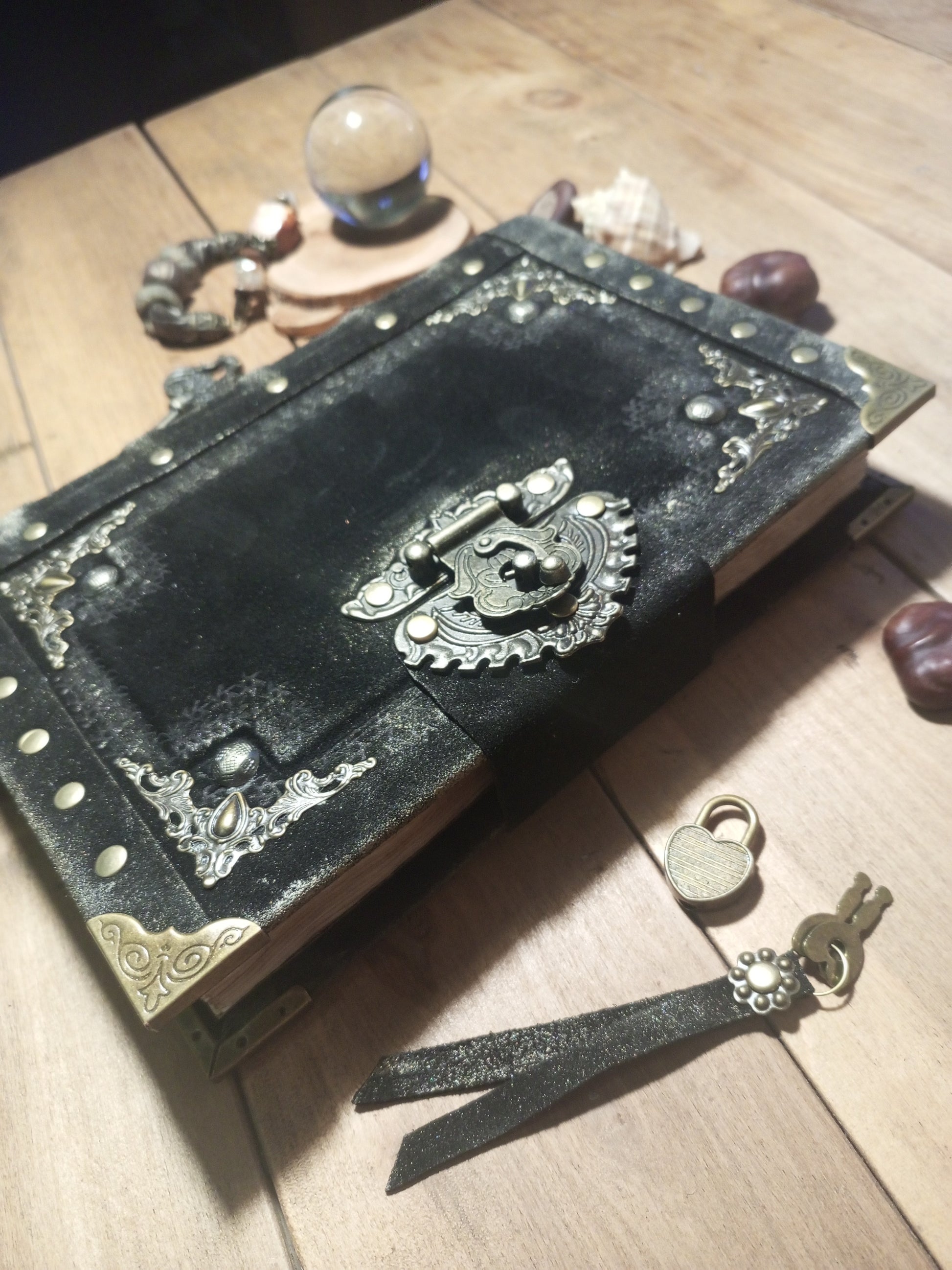 Close-up of antique lock on black suede medieval leather journal