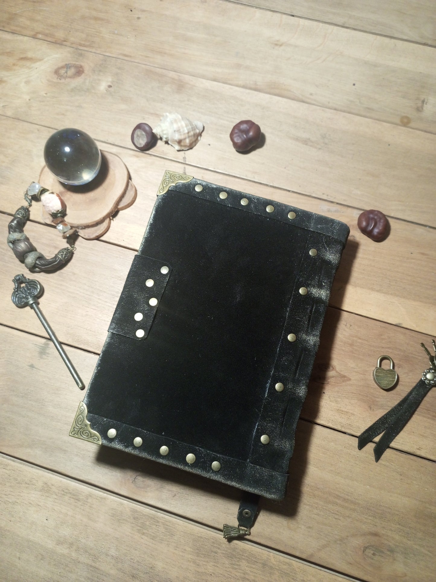 Handcrafted leather grimoire book of shadows black suede cover