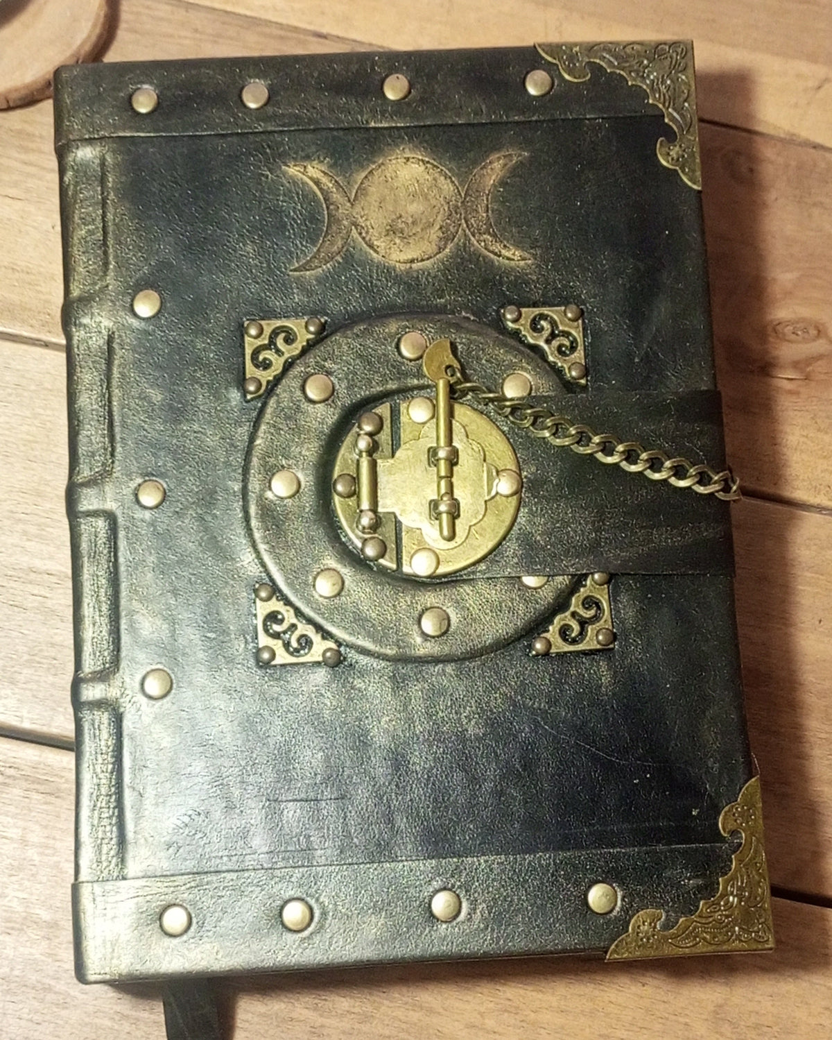 Genuine leather black aged triple moon grimoire