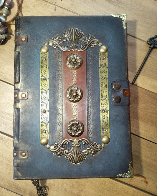 Brown grey leather antique journal handmade vintage grimoire with lock