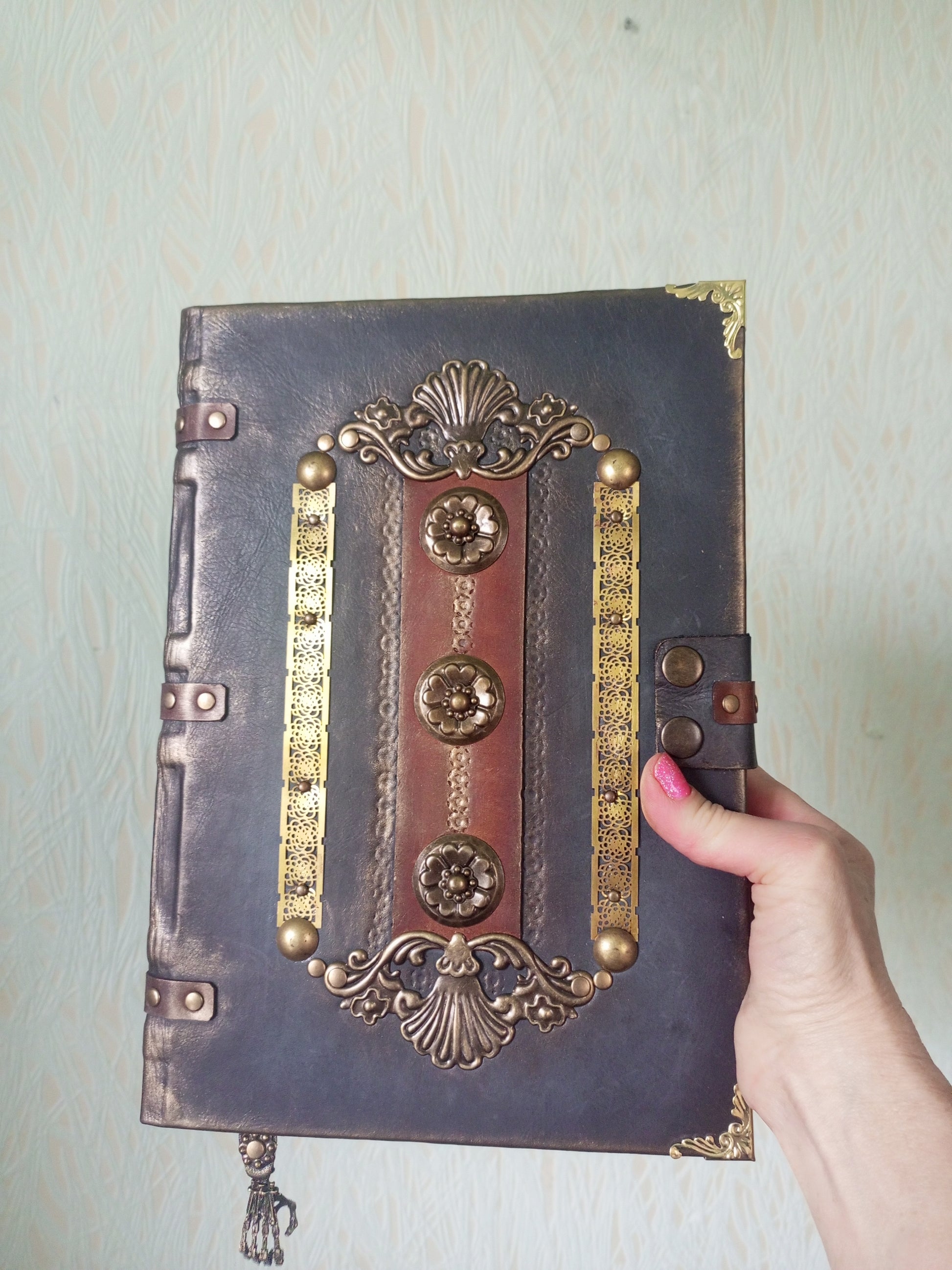 Vintage brown grey leather journal with bronze painted cover