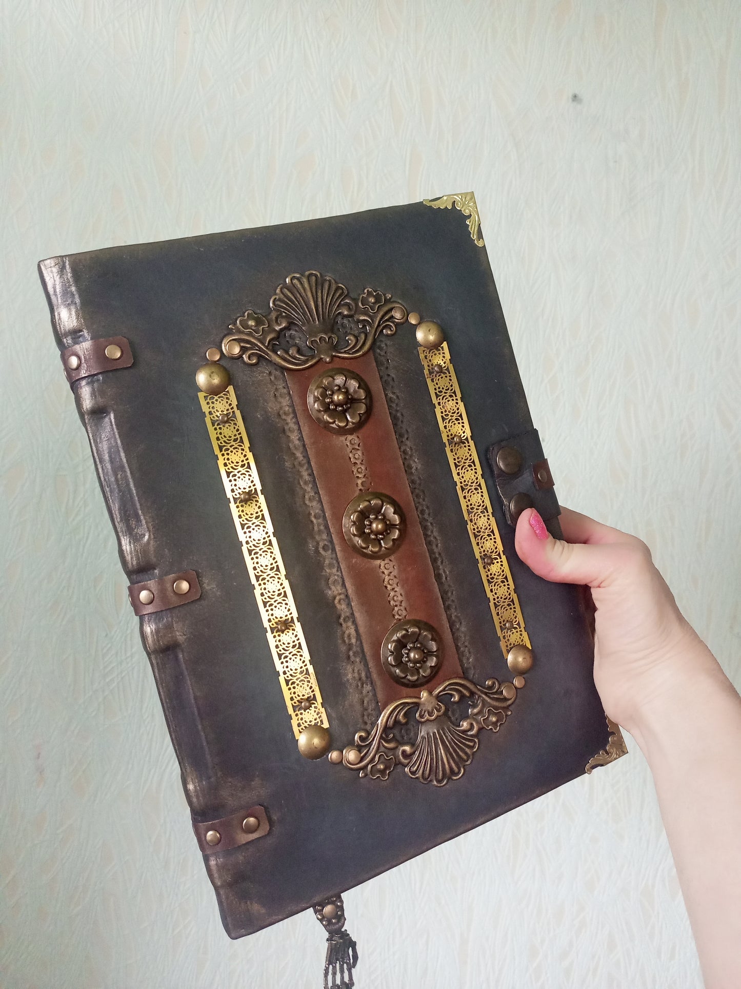 Antique aged paper inside brown grey leather hardcover notebook
