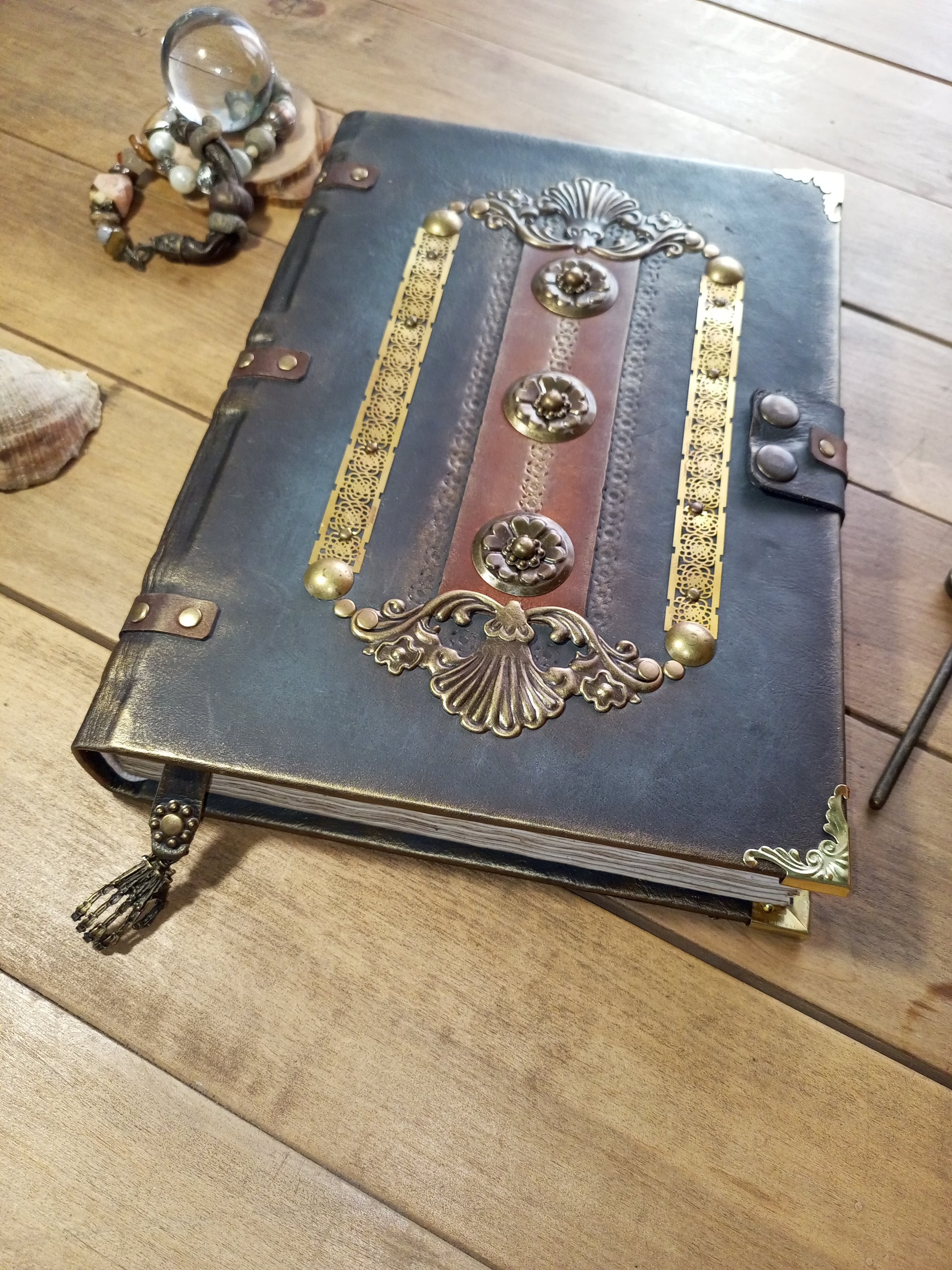 Old hardcover leather journal brown grey fantasy notebook gift