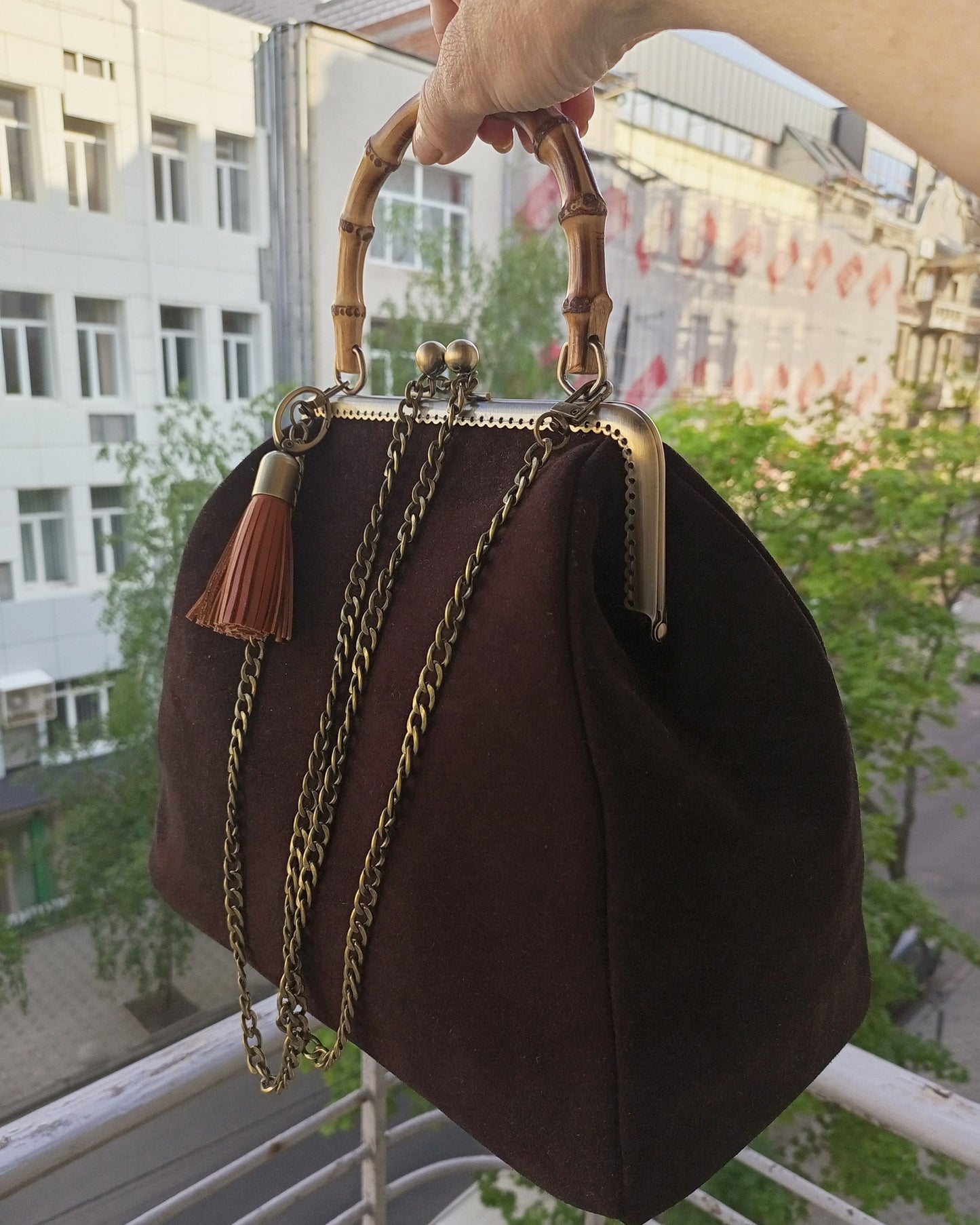 Brown suede kisslock women bag genuine leather vintage handbag