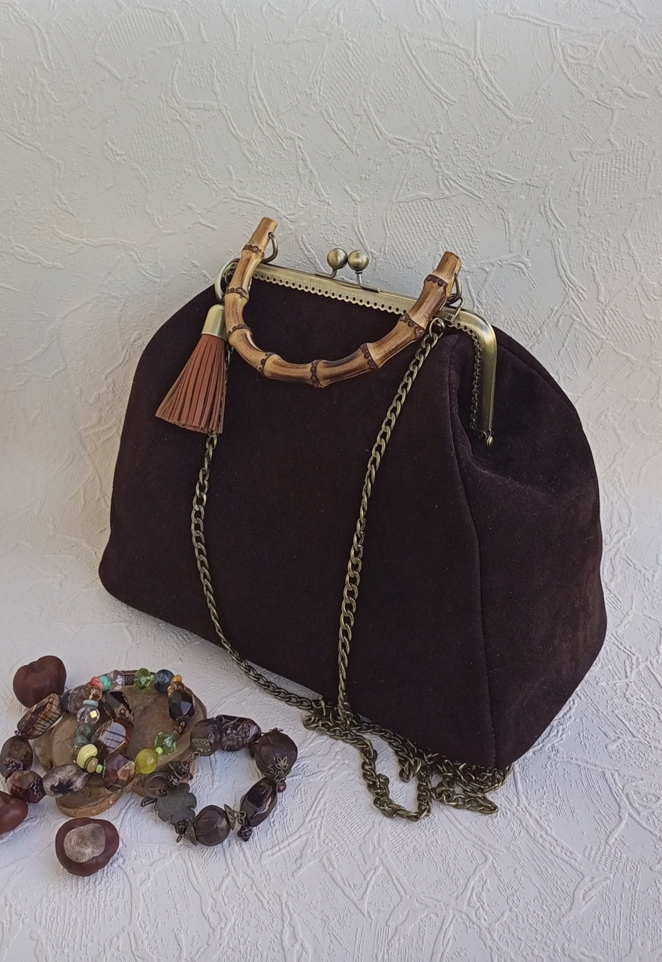 Chocolate brown suede leather kisslock bag handmade detail