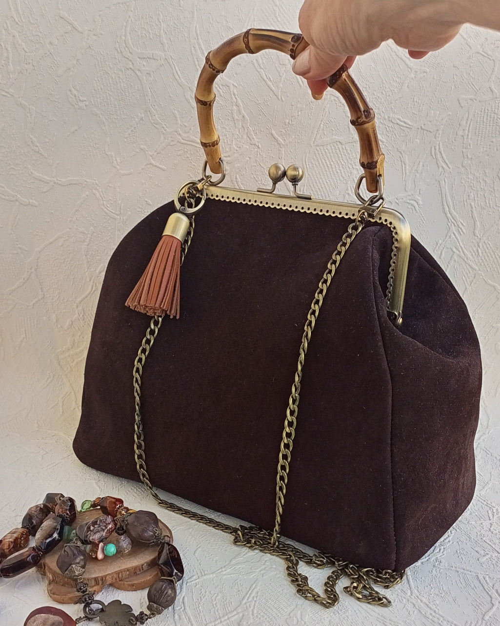 Retro style brown suede handbag genuine leather purse