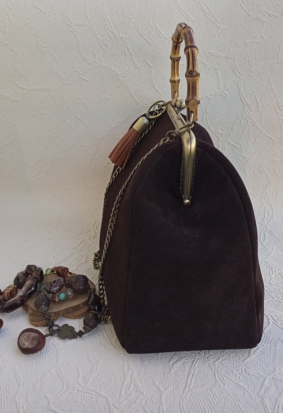 Brown suede vintage handbag kisslock frame genuine leather