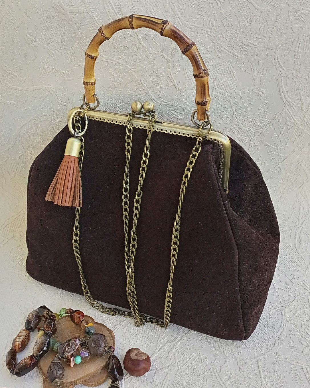 Handcrafted suede leather women bag brown with chain strap