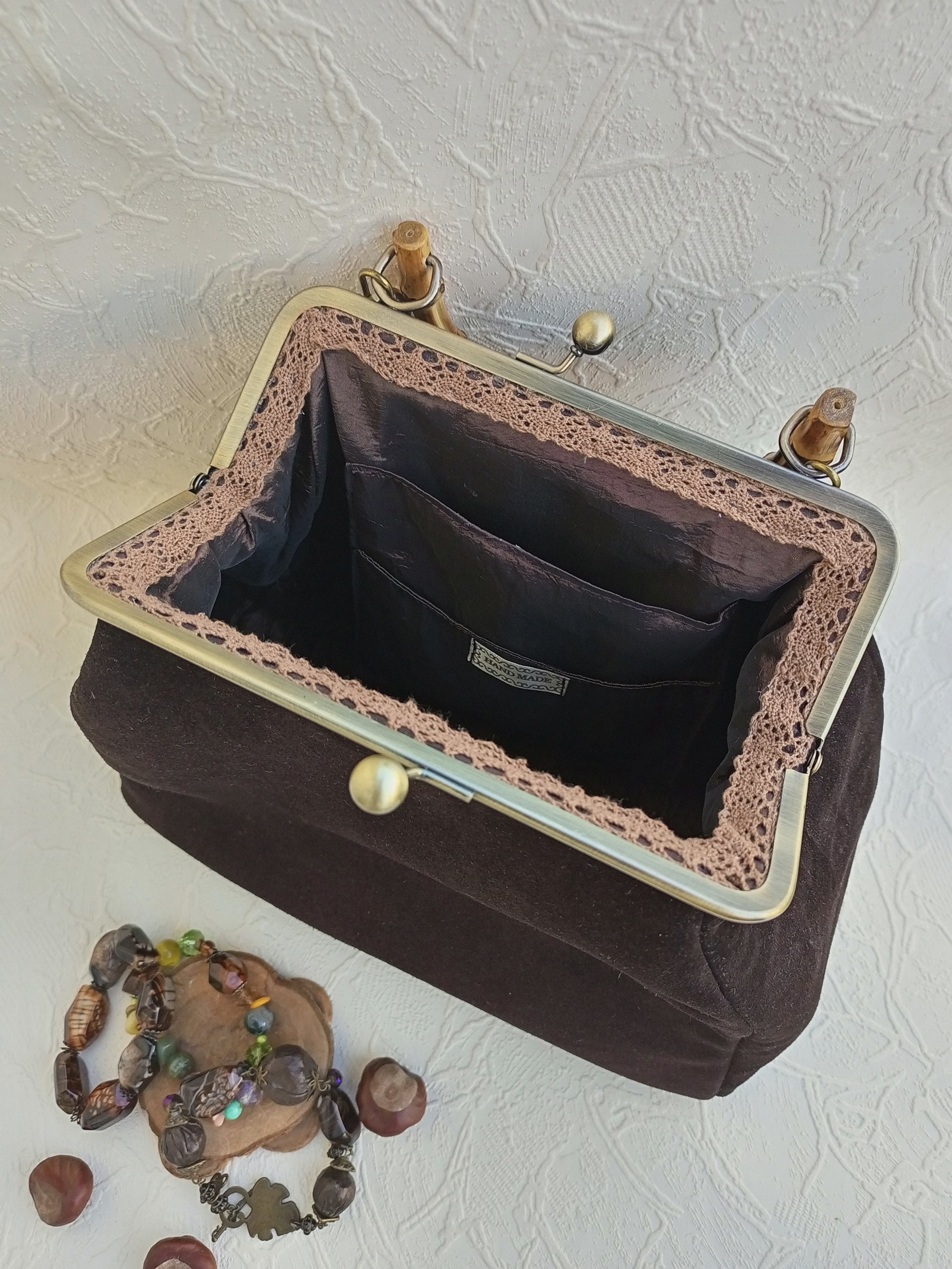 Classic brown suede kisslock purse bohemian retro style