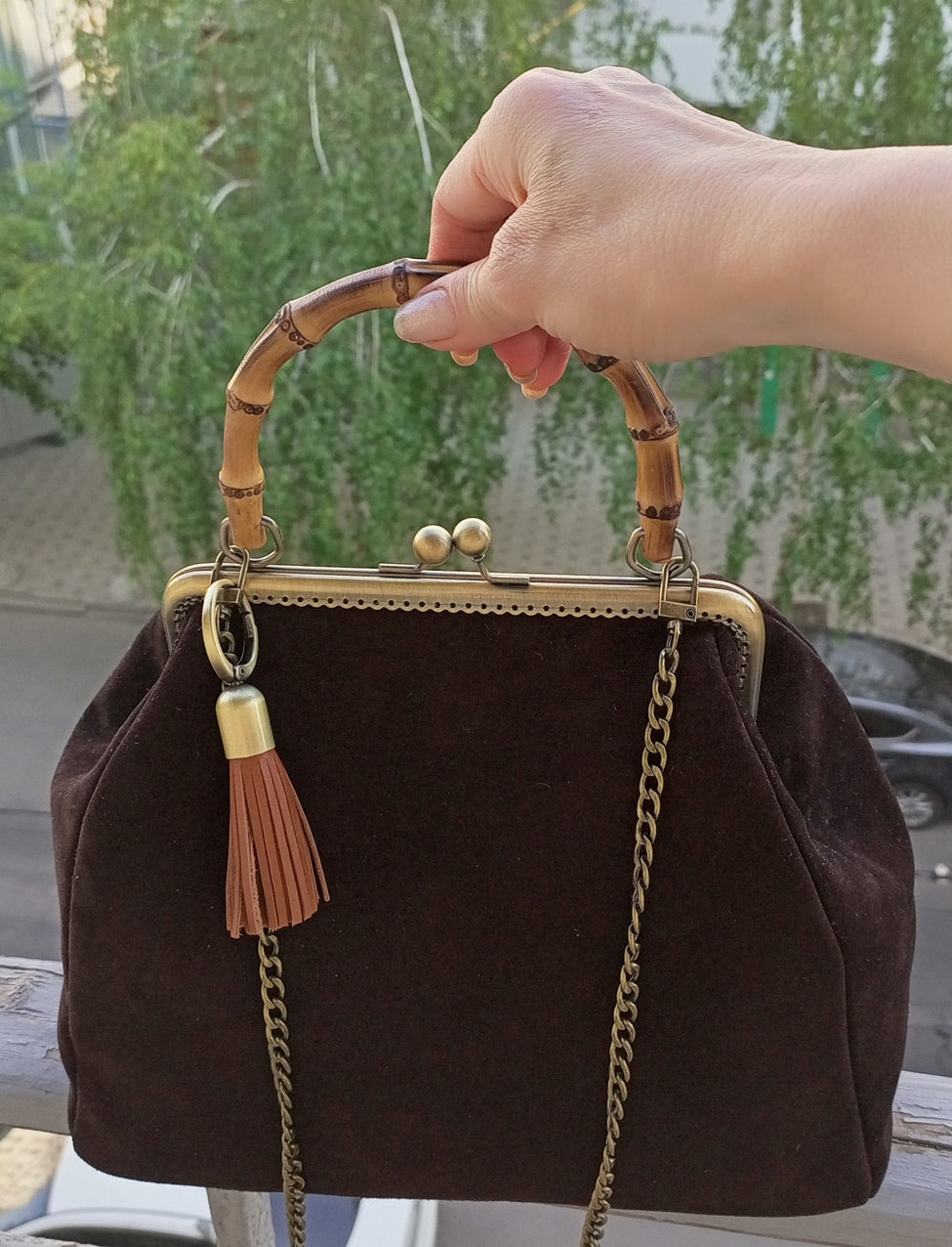 Vintage chocolate suede leather handbag with brass frame clasp