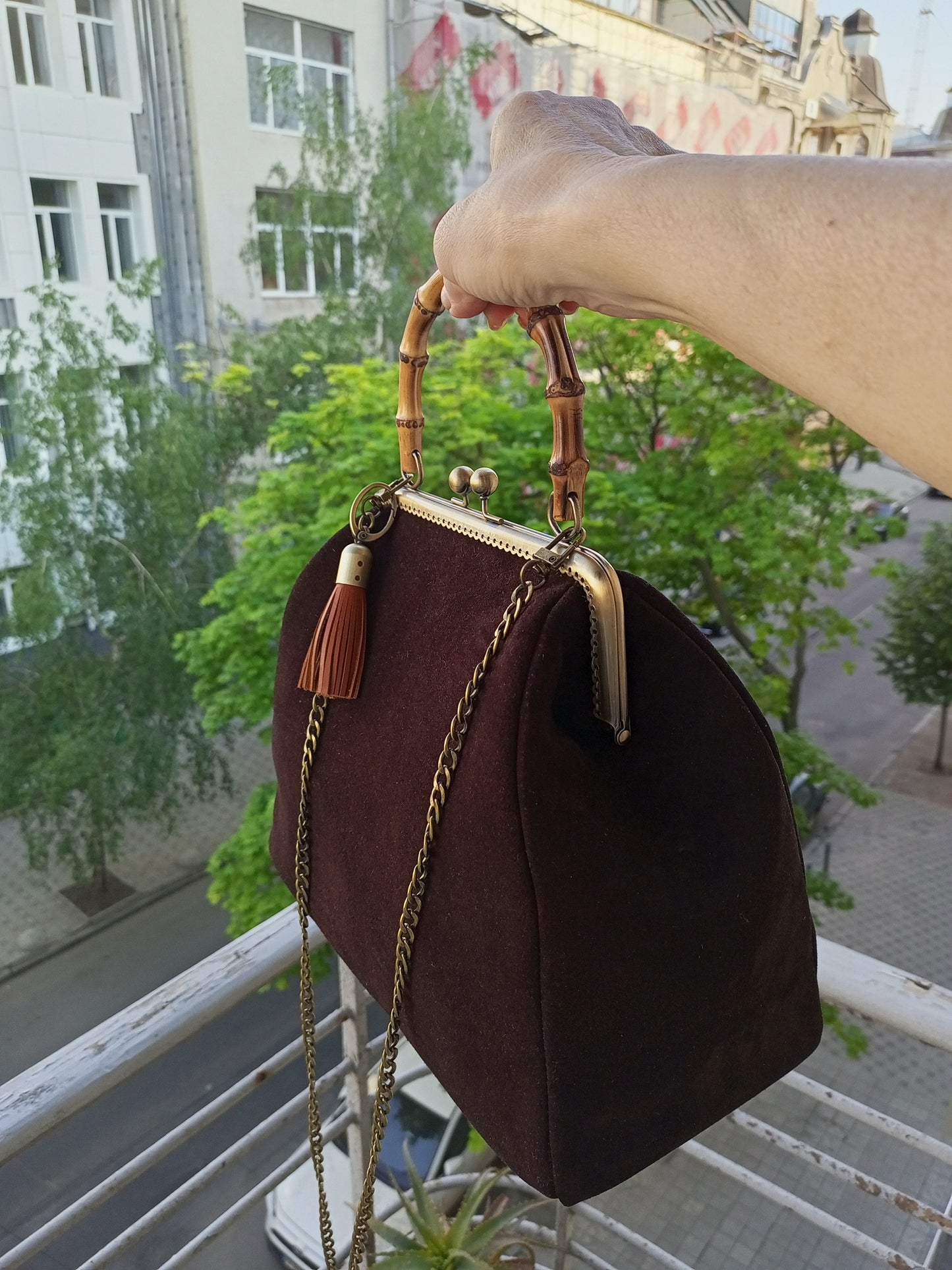 Handmade brown suede kisslock purse with chain shoulder strap