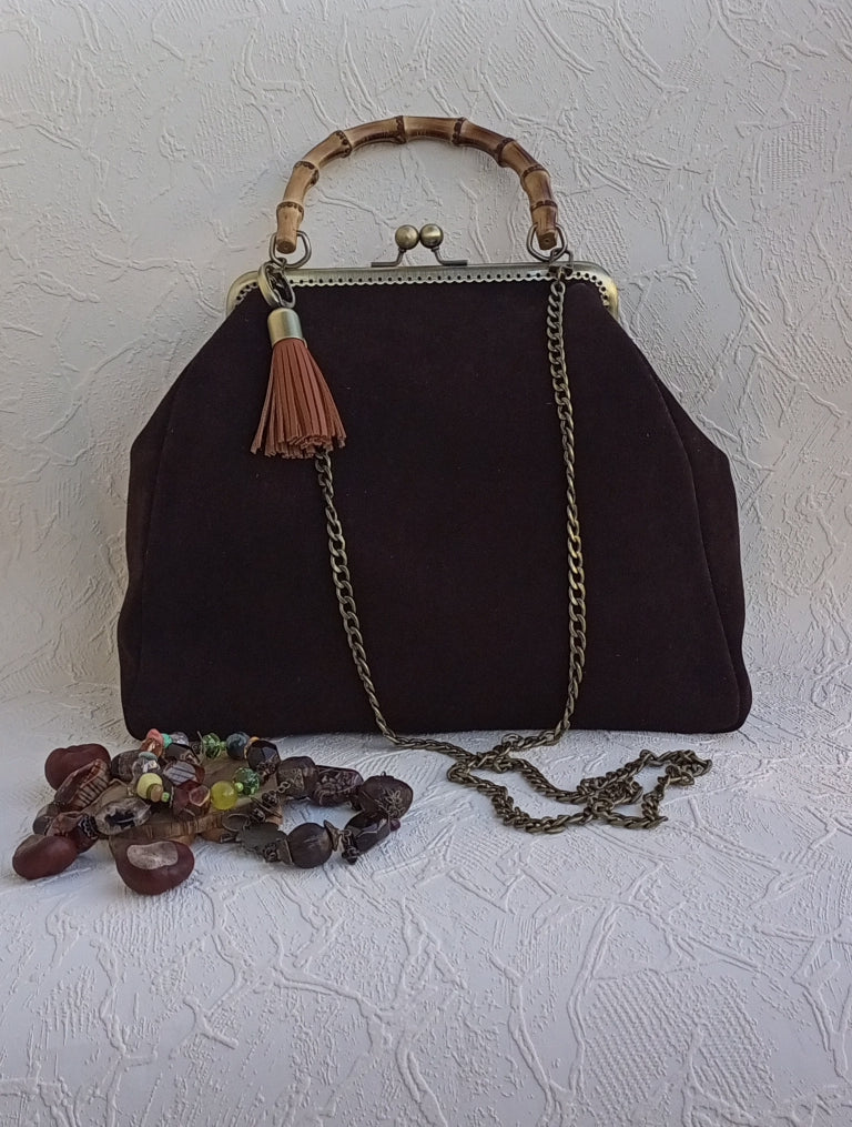 Bohemian brown suede leather shoulder bag vintage style