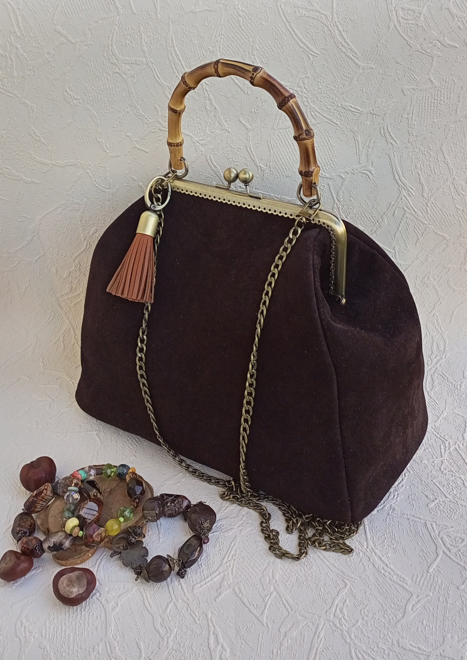Elegant brown suede kisslock handbag gift for women