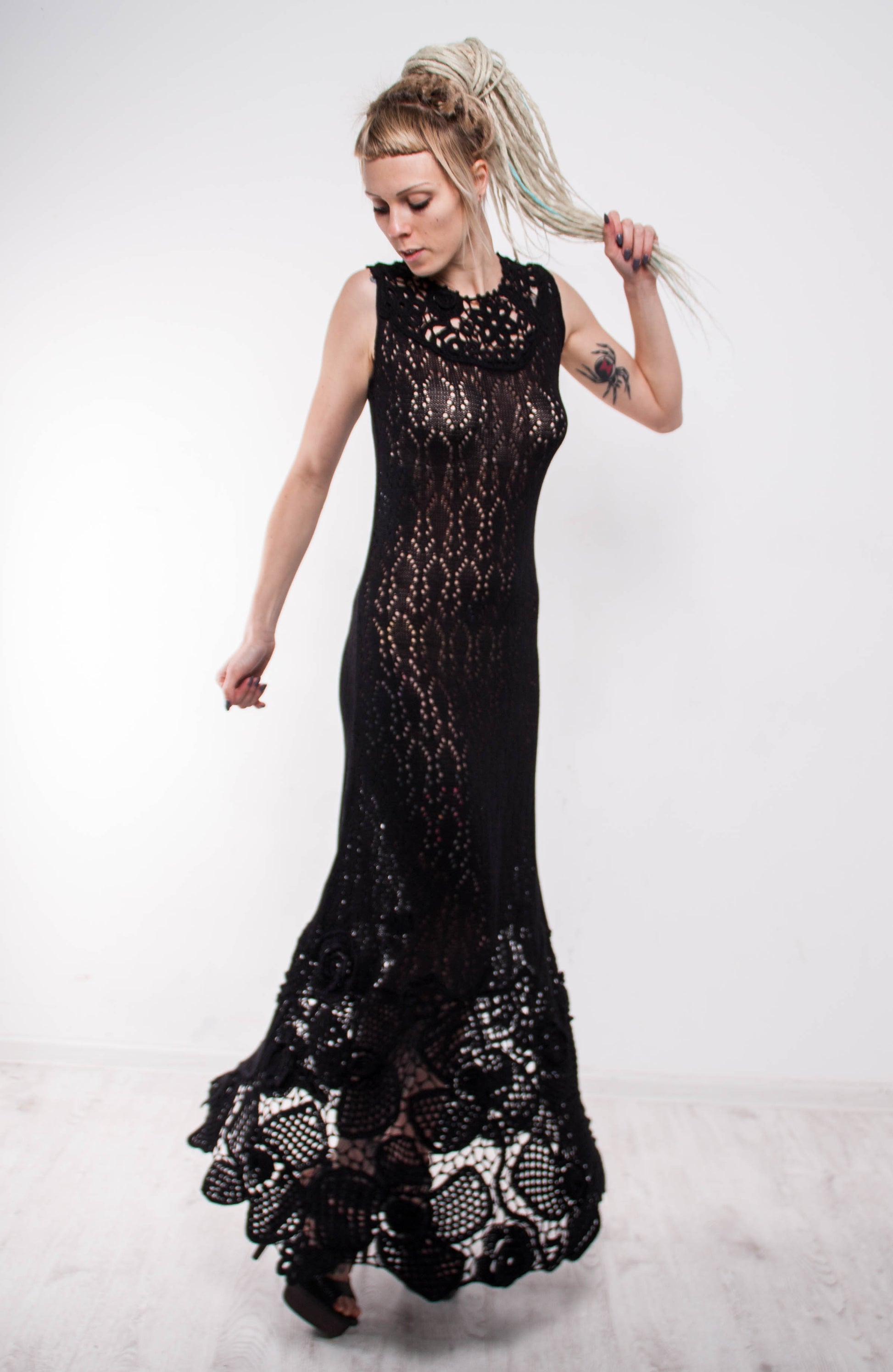 black crochet long dress Short Sleeve Corset A Line Crochet Maxi Dress Black