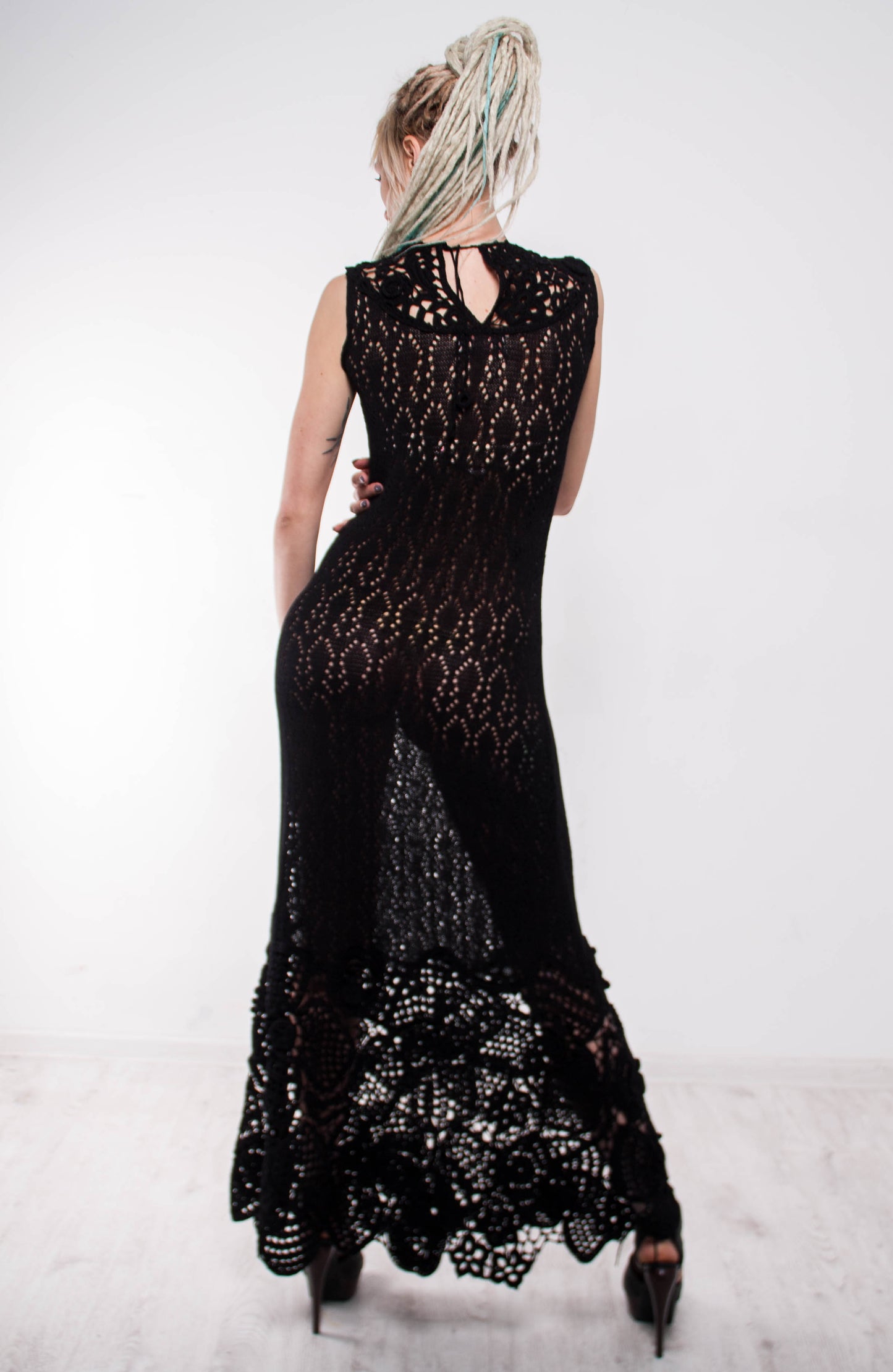Bohemian crochet maxi dress black viscose yarn back view