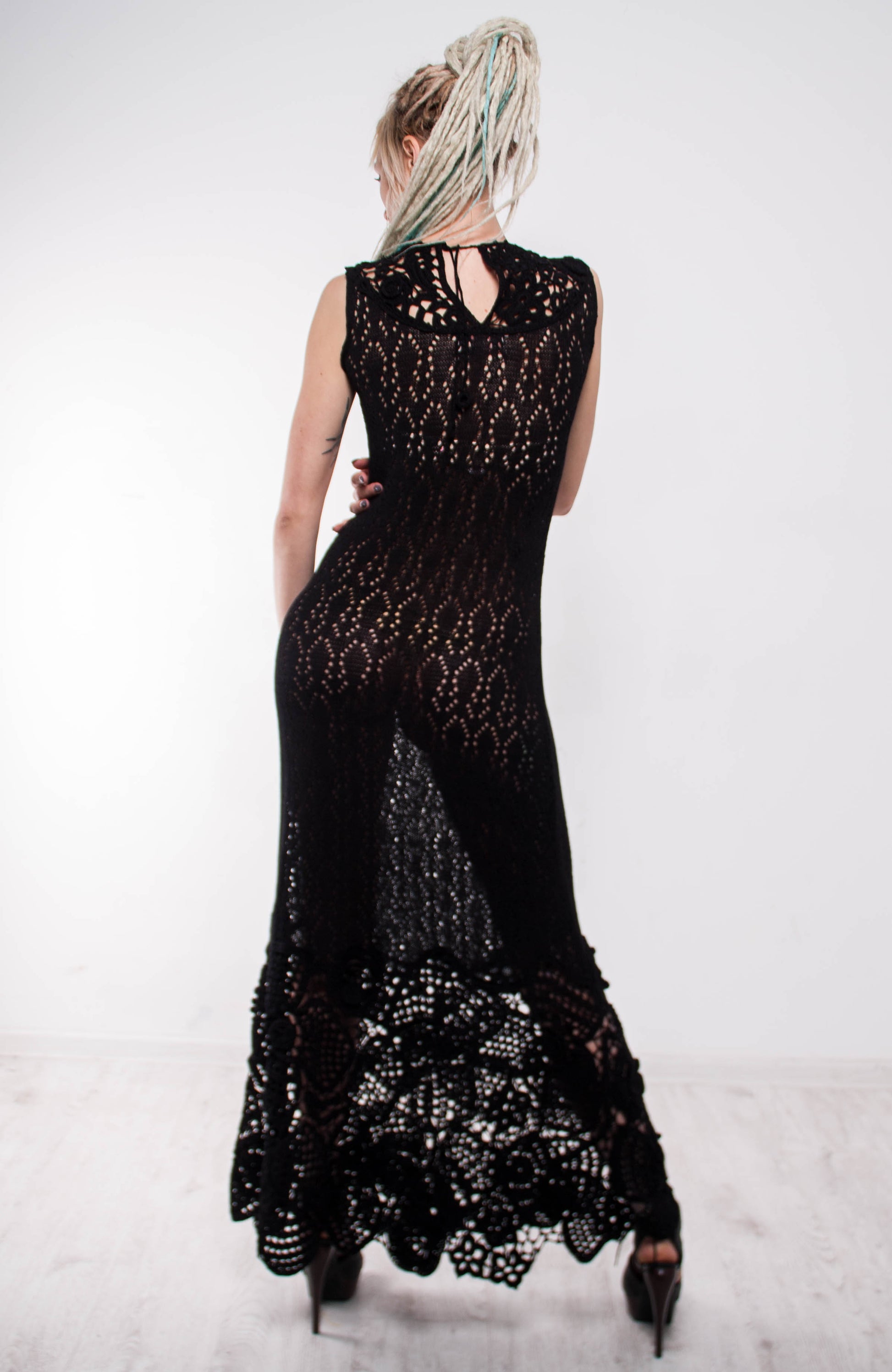 Bohemian crochet maxi dress black viscose yarn back view