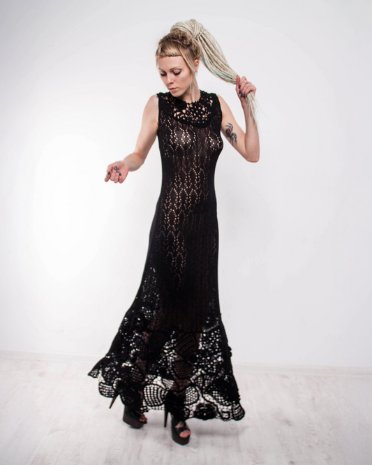 Black crochet maxi dress handmade lacy sundress