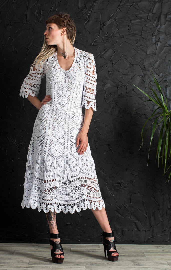 Crochet Wedding Dress – Handmade White Irish Lace Midi Dress, Boho Cotton Bridal Gown