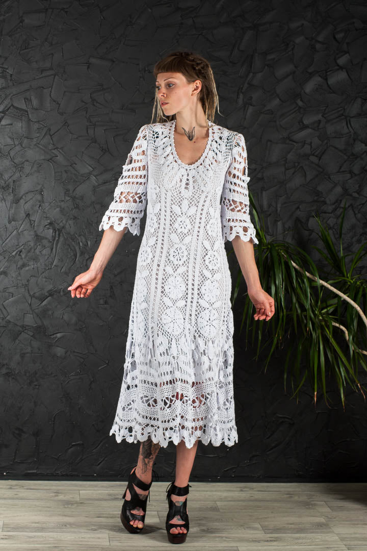 Crochet Wedding Dress – Handmade White Irish Lace Midi Dress, Boho Cotton Bridal Gown