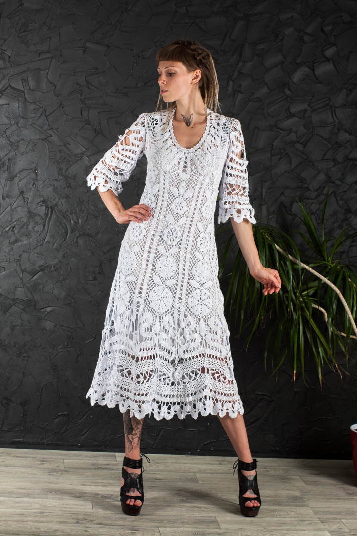 Crochet Wedding Dress – Handmade White Irish Lace Midi Dress, Boho Cotton Bridal Gown