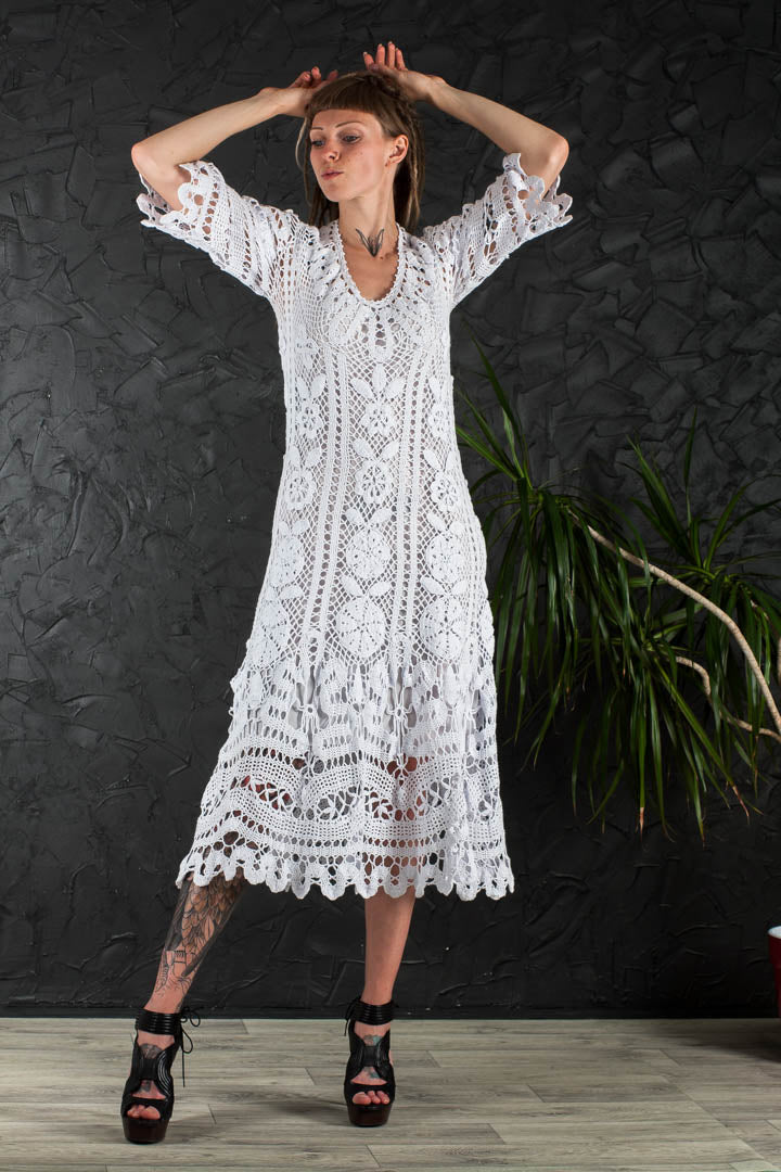 Crochet Wedding Dress – Handmade White Irish Lace Midi Dress, Boho Cotton Bridal Gown