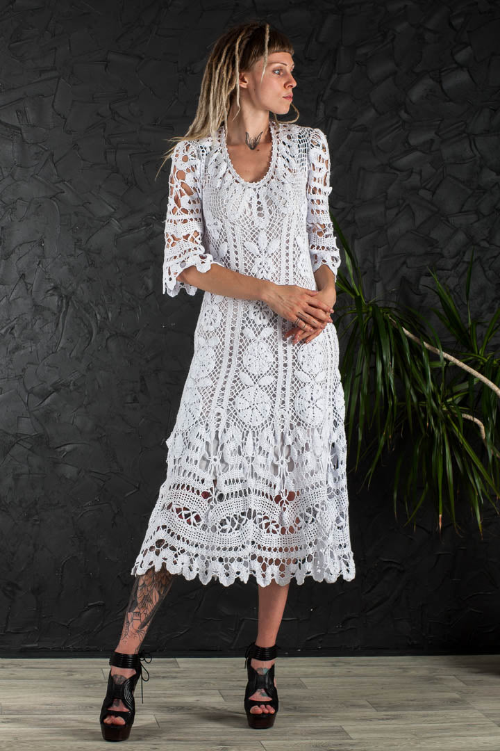 Crochet Wedding Dress – Handmade White Irish Lace Midi Dress, Boho Cotton Bridal Gown