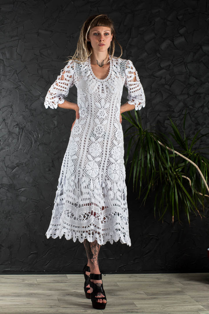 Crochet Wedding Dress – Handmade White Irish Lace Midi Dress, Boho Cotton Bridal Gown