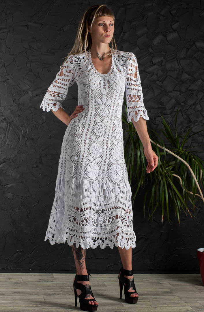 Crochet Wedding Dress – Handmade White Irish Lace Midi Dress, Boho Cotton Bridal Gown