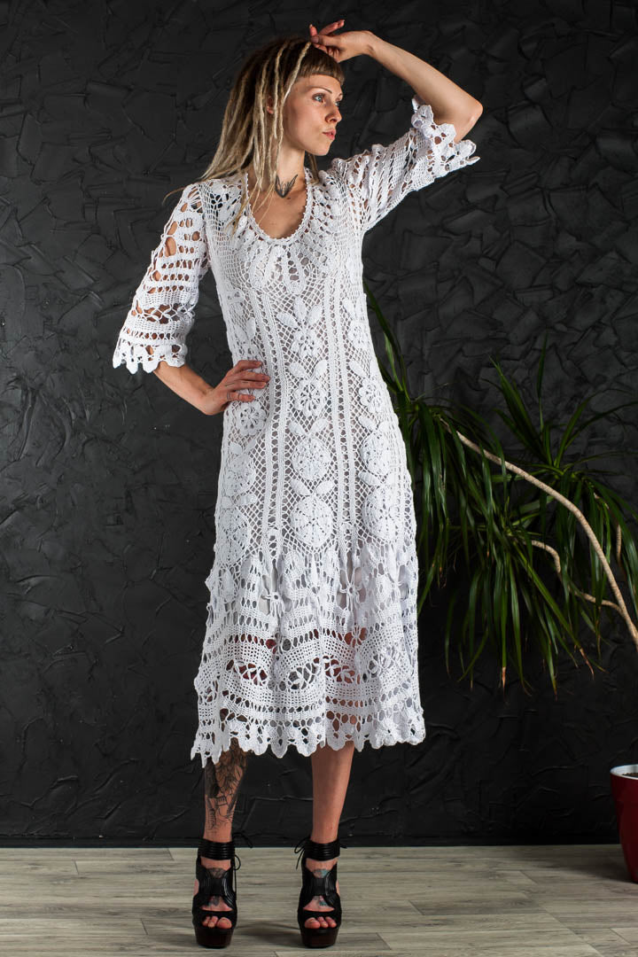 Crochet Wedding Dress – Handmade White Irish Lace Midi Dress, Boho Cotton Bridal Gown