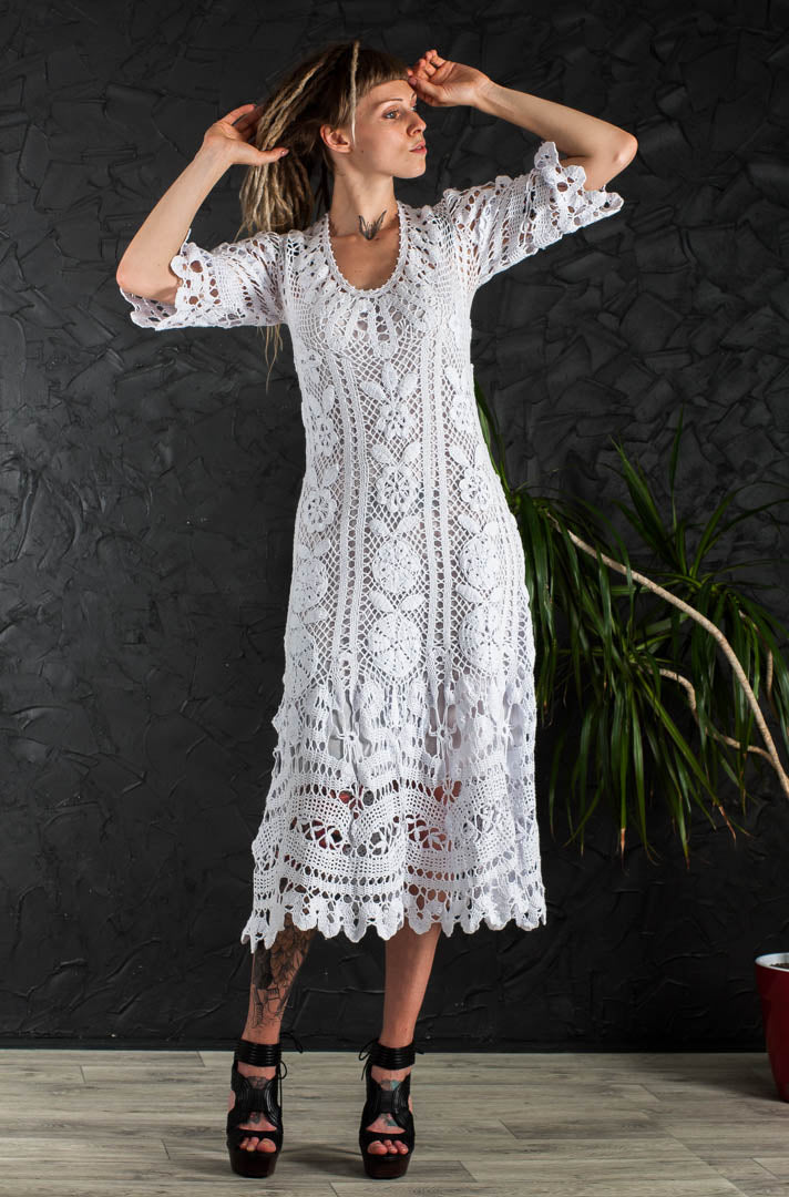 Crochet Wedding Dress – Handmade White Irish Lace Midi Dress, Boho Cotton Bridal Gown