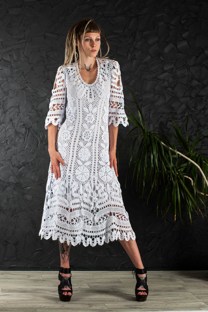 Crochet Wedding Dress – Handmade White Irish Lace Midi Dress, Boho Cotton Bridal Gown