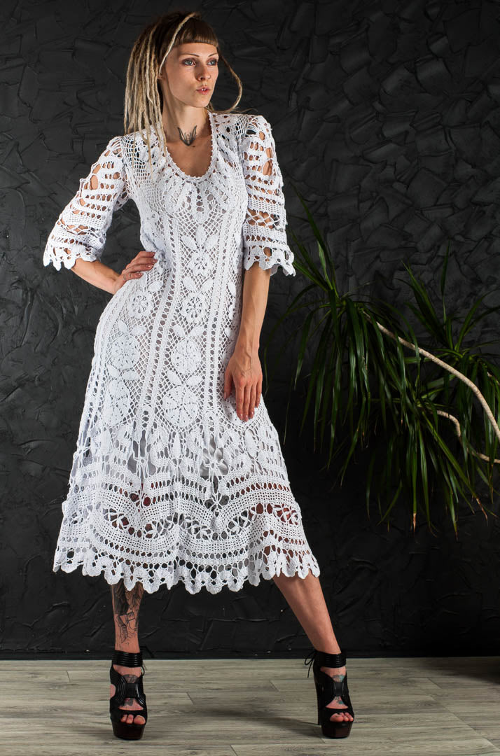 Crochet Wedding Dress – Handmade White Irish Lace Midi Dress, Boho Cotton Bridal Gown
