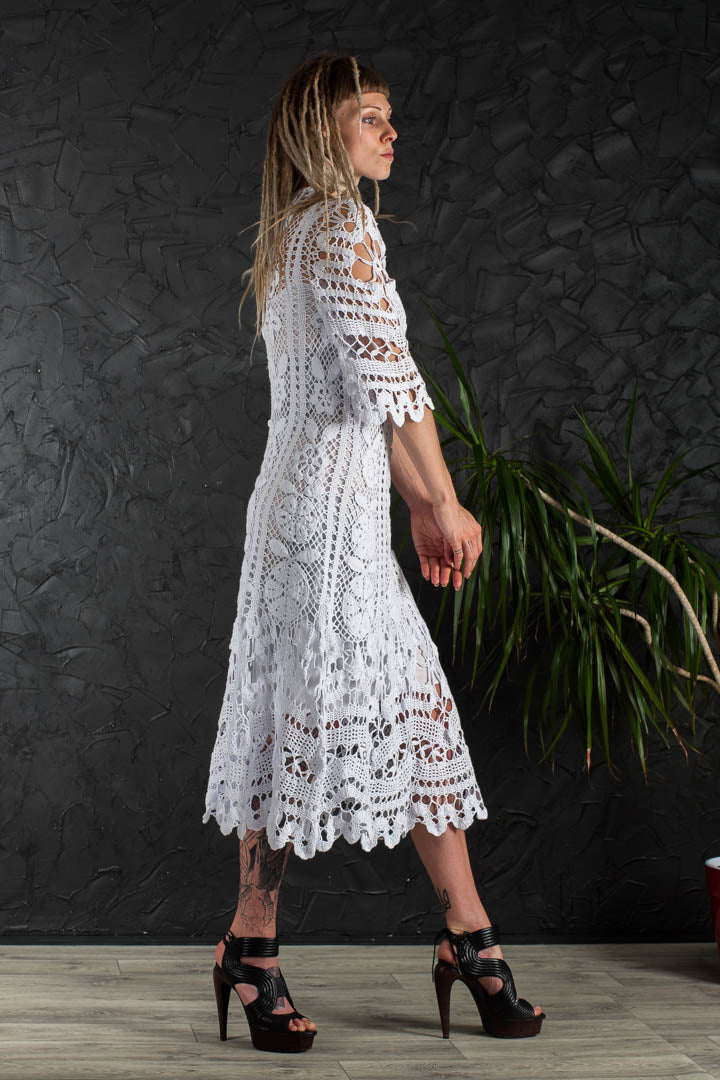 Crochet Wedding Dress – Handmade White Irish Lace Midi Dress, Boho Cotton Bridal Gown