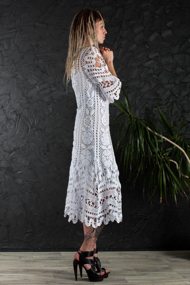 Crochet Wedding Dress – Handmade White Irish Lace Midi Dress, Boho Cotton Bridal Gown