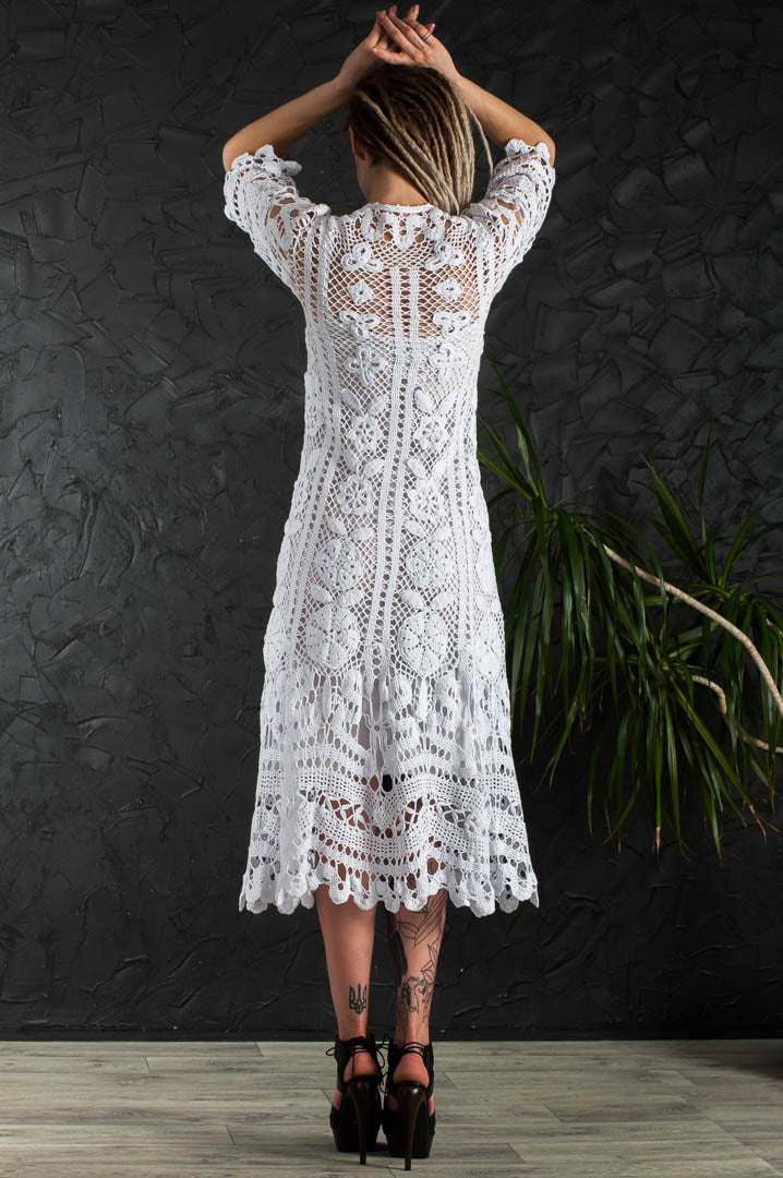 Crochet Wedding Dress – Handmade White Irish Lace Midi Dress, Boho Cotton Bridal Gown