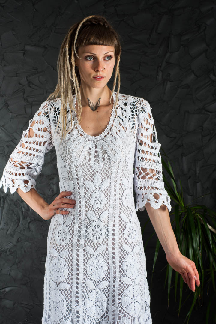 Crochet Wedding Dress – Handmade White Irish Lace Midi Dress, Boho Cotton Bridal Gown