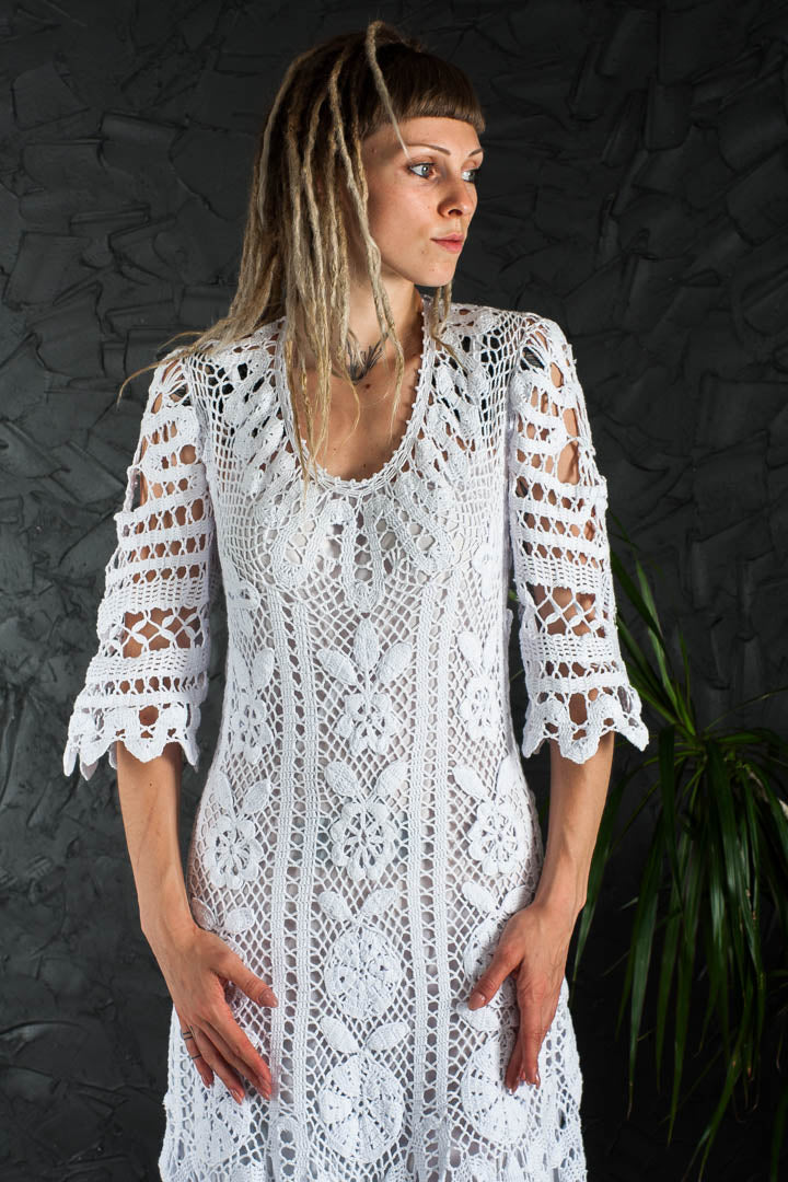 Crochet Wedding Dress – Handmade White Irish Lace Midi Dress, Boho Cotton Bridal Gown