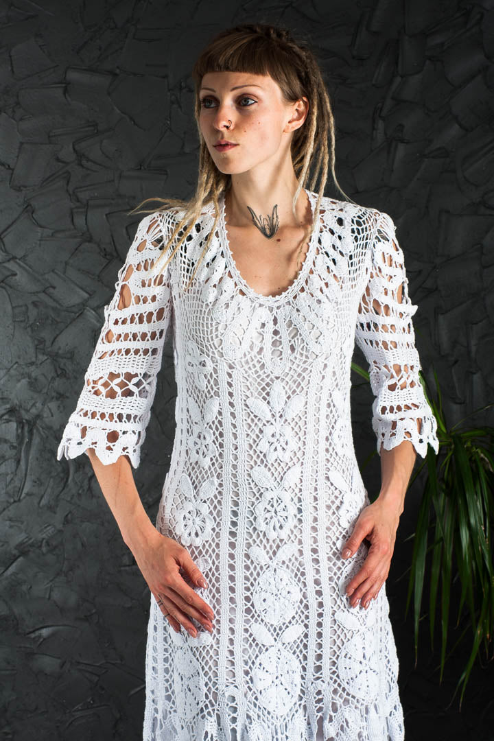 Crochet Wedding Dress – Handmade White Irish Lace Midi Dress, Boho Cotton Bridal Gown