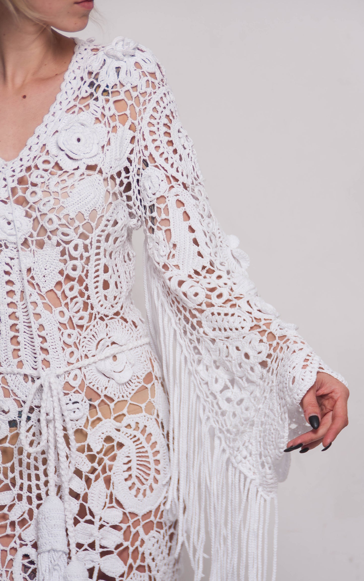 Handmade Crochet Irish Lace Wedding Maxi Dress – White Cotton Bridal Gown with Fringe Sleeves