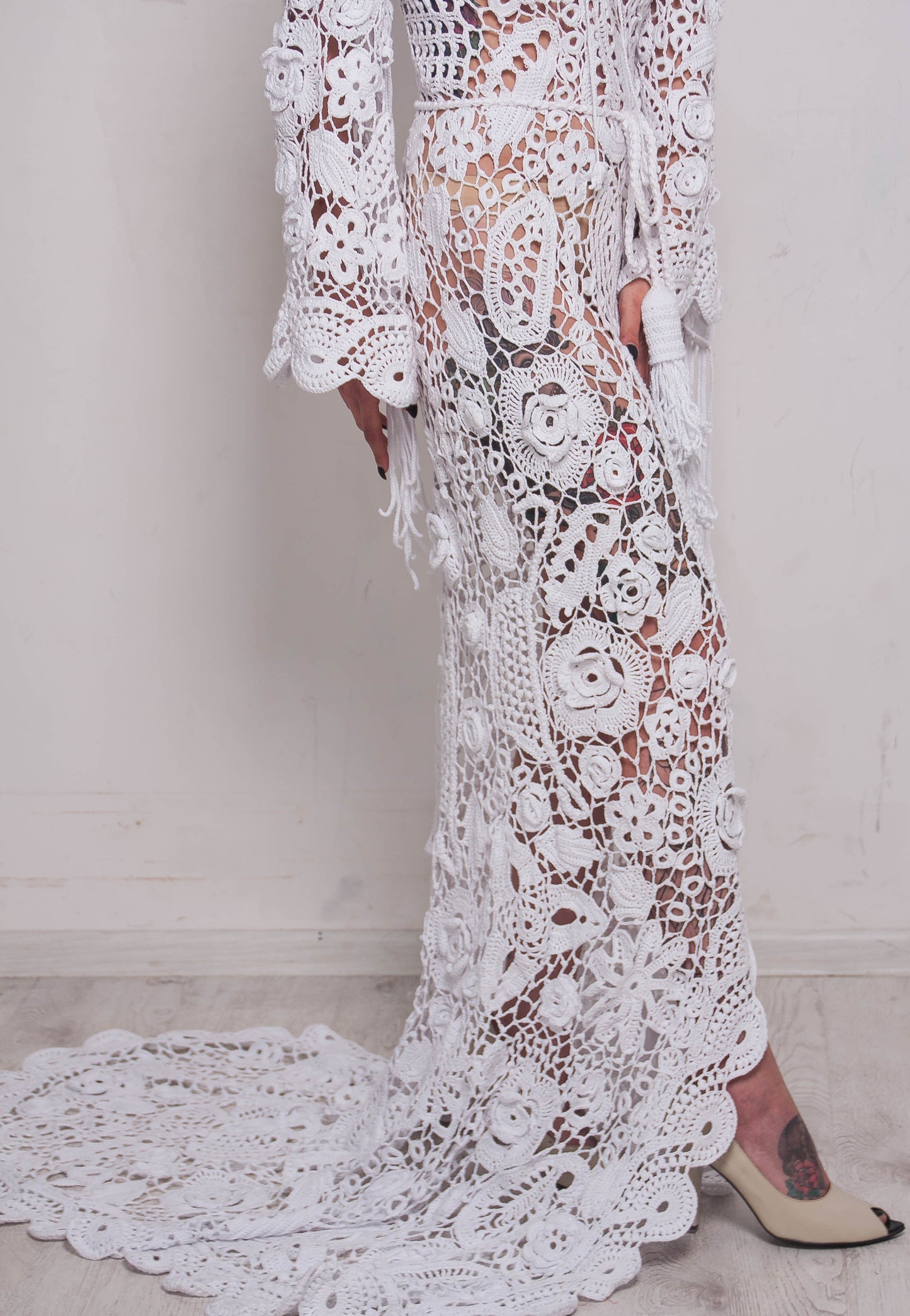 Handmade Crochet Irish Lace Wedding Maxi Dress – White Cotton Bridal Gown with Fringe Sleeves
