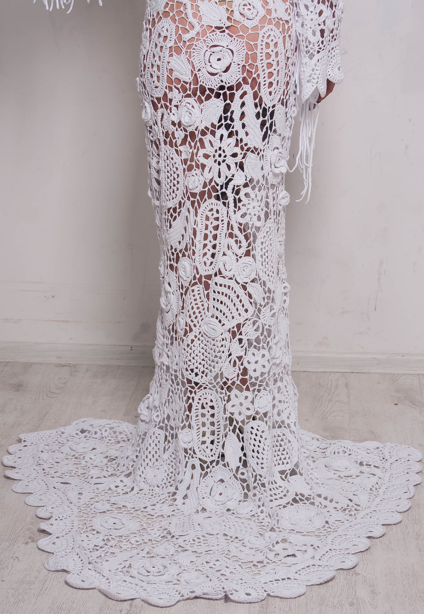 Handmade Crochet Irish Lace Wedding Maxi Dress – White Cotton Bridal Gown with Fringe Sleeves