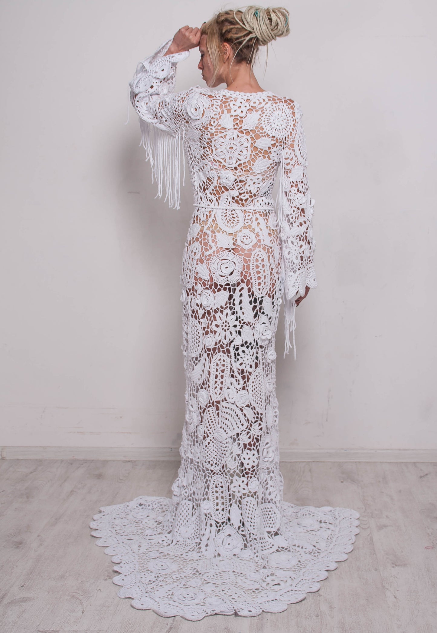 Handmade Crochet Irish Lace Wedding Maxi Dress – White Cotton Bridal Gown with Fringe Sleeves