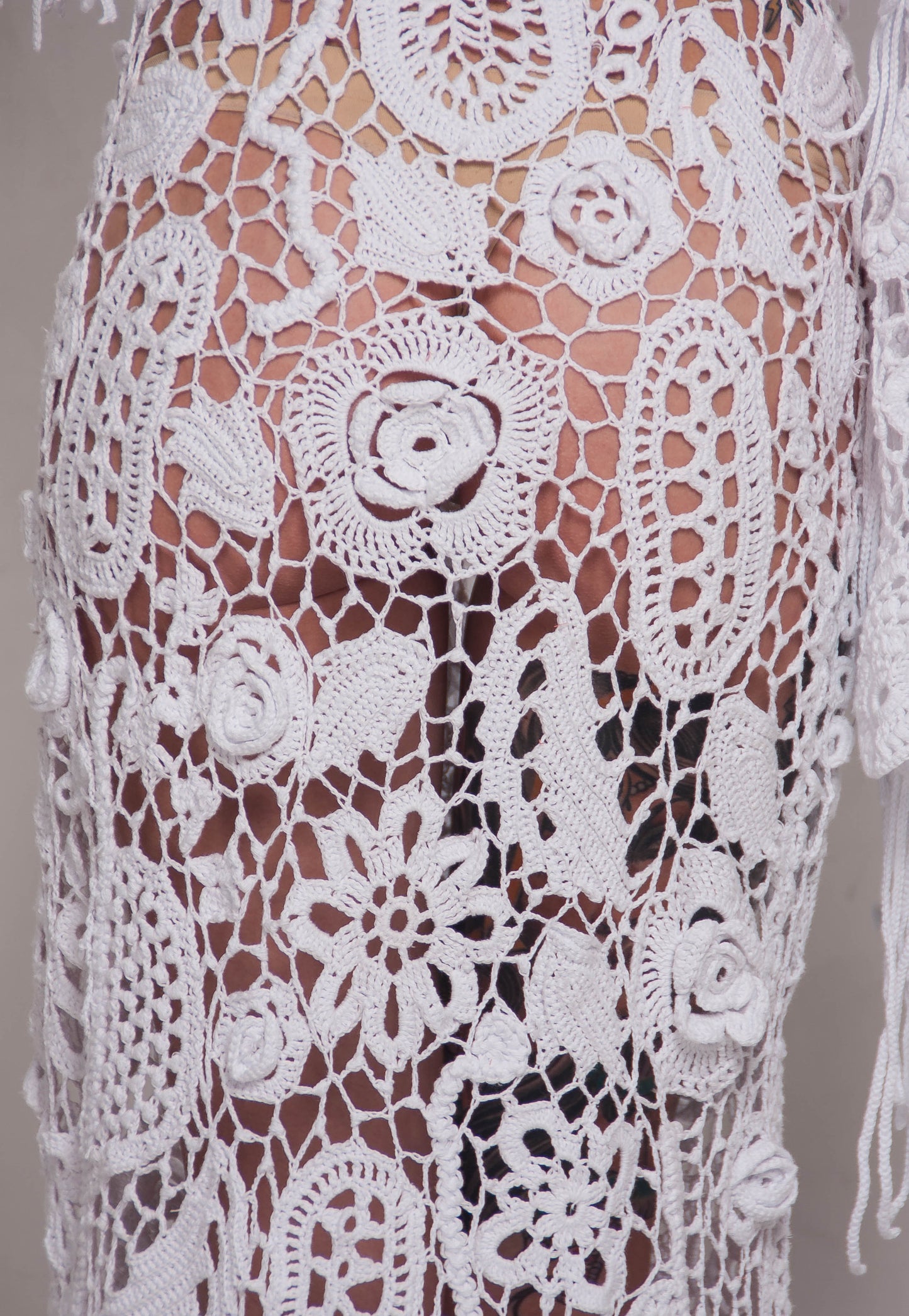 Handmade Crochet Irish Lace Wedding Maxi Dress – White Cotton Bridal Gown with Fringe Sleeves
