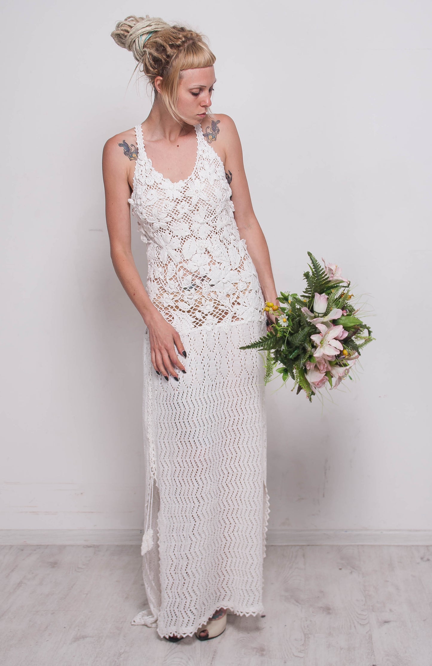 White Crochet Irish Lace Wedding Dress – Handmade Bridal Maxi Lace Gown