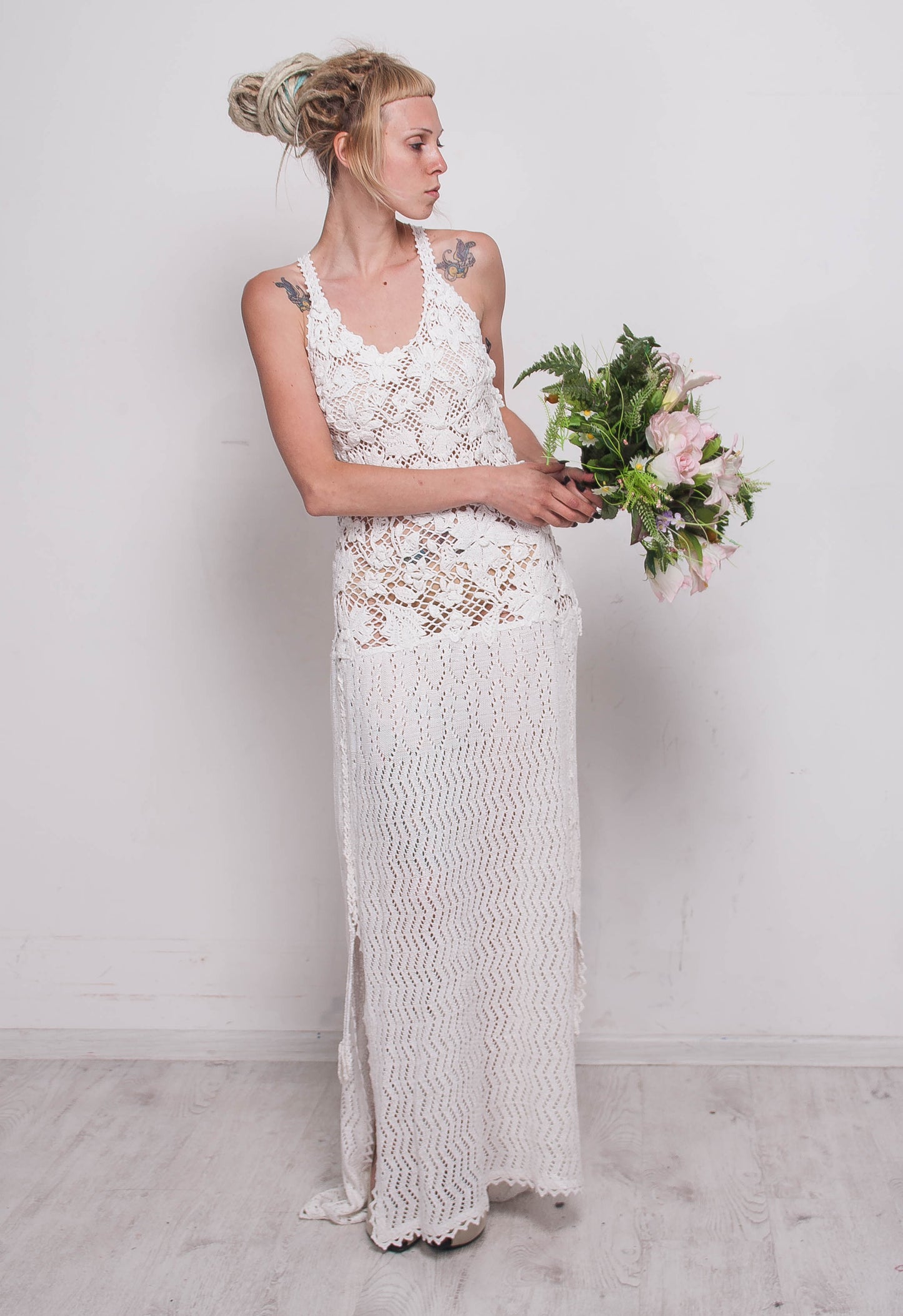 White Crochet Irish Lace Wedding Dress – Handmade Bridal Maxi Lace Gown